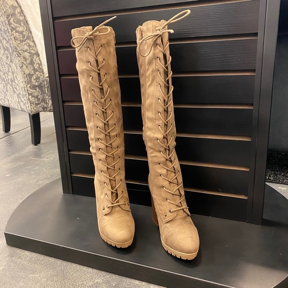 Taupe Lace Up Heeled Boots - Picture 3 of 7